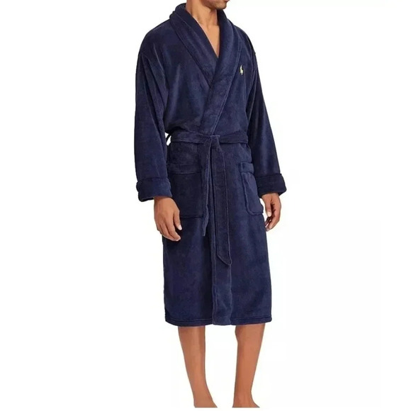 Polo Ralph Lauren Navy Blue Microfiber Fleece Robe Men's Soft Excellent Cond S/M - Picture 1 of 13